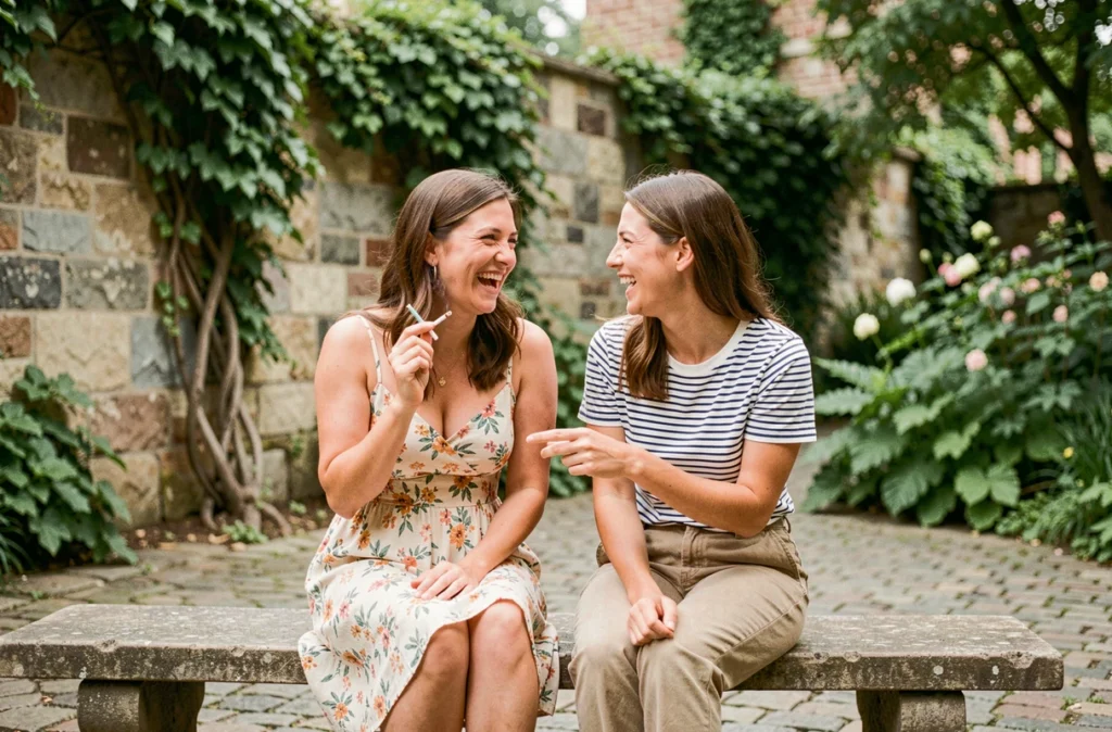 Deux amies souriantes dans un jardin urbain, l'une tenant une cigarette Vogue colorée dans une ambiance détendue