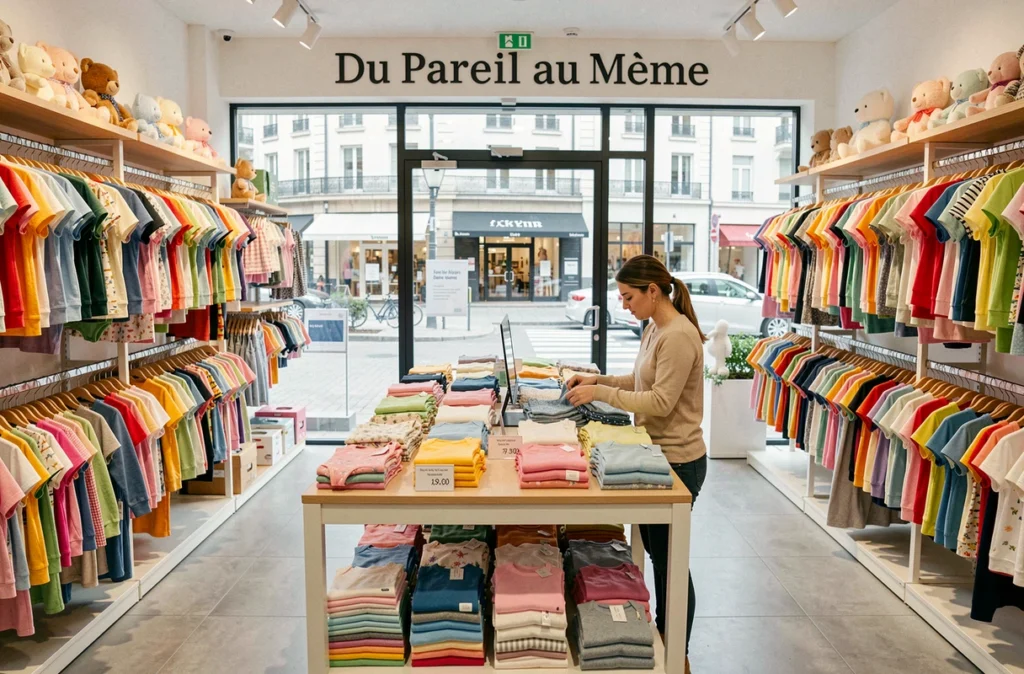 Intérieur du Du Pareil au Même à Tours avec des rayons de vêtements bébé et petite enfance bien remplis et une employée pliant des bodies