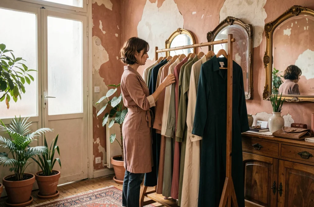 Intérieur intimiste d'Elephant Vintage Store à Lyon, une femme parcourt tranquillement une sélection soignée de vêtements vintage sur un portant en bois entouré de plantes et de miroirs anciens.