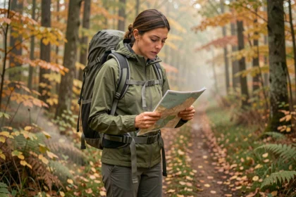 Femme débutante en randonnée consultant une carte papier au départ d'un sentier forestier en automne avec un sac à dos bien ajusté
