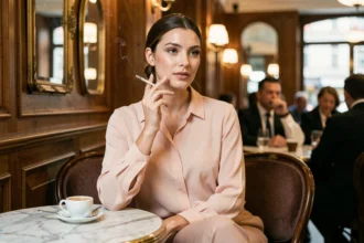 Femme élégante tenant une cigarette Vogue slim dans un café parisien, ambiance douce et raffinée