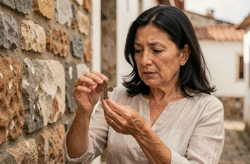 Femme examinant une croix du Portugal authentique tenue entre ses doigts devant un mur en pierre rustique