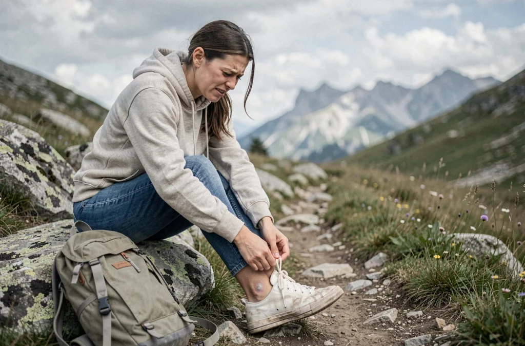Femme en randonnée mal équipée soignant une ampoule au talon assise sur un rocher en montagne avec des chaussures inadaptées
