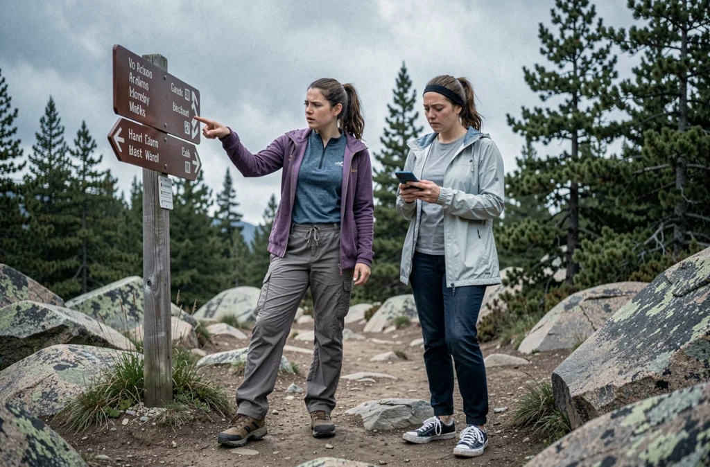 Deux femmes randonneuses perdues à un croisement de sentiers en montagne consultant un smartphone sans réseau face à un panneau de signalisation