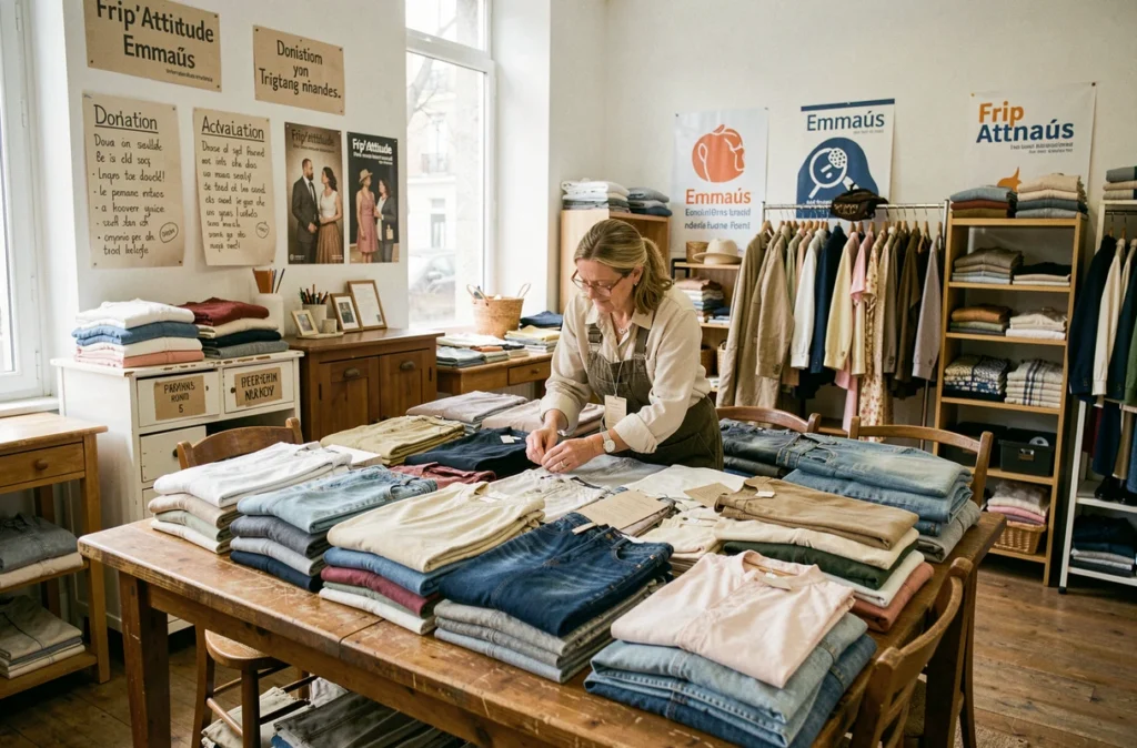 Un bénévole trie et étiquette des vêtements vintage sur une table en bois à l'intérieur de Frip'Attitude Emmaüs à Lyon, dans un espace solidaire chaleureux et bien organisé.
