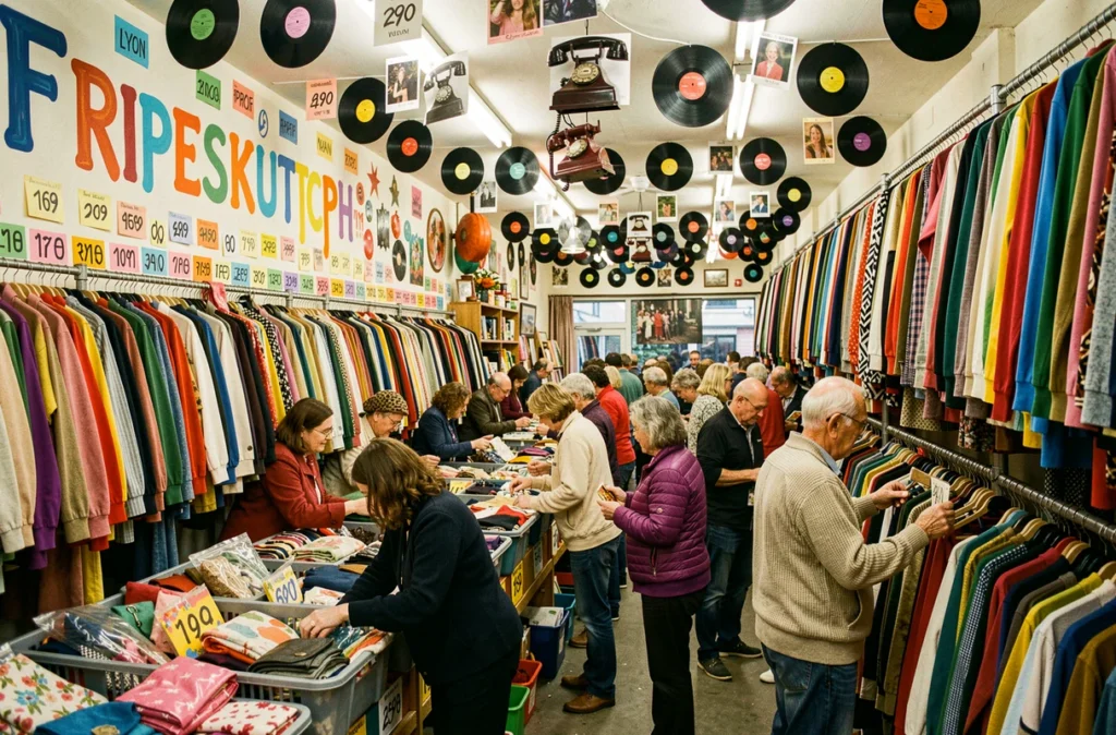 Ambiance animée et populaire à l'intérieur de Fripesketchup à Lyon, des clients de tous âges fouillent des bacs et des portants débordants de vêtements vintage colorés.