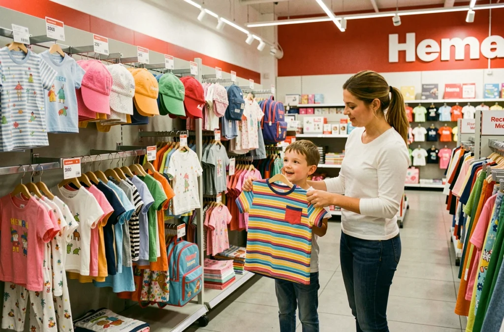Rayon vêtements enfants du Hema à Tours avec une mère vérifiant la taille d'un T-shirt rayé sur son enfant, accessoires et étiquettes prix visibles