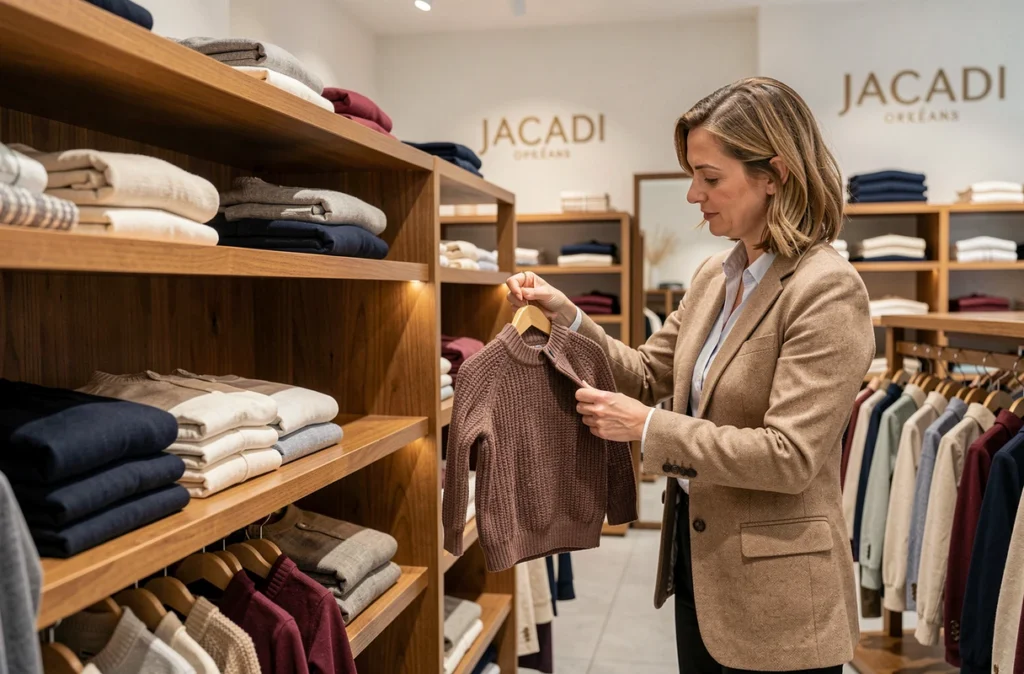 Boutique Jacadi Orléans avec des vêtements enfants haut de gamme exposés sur des présentoirs en bois élégants, une cliente examinant un cardigan en maille fine
