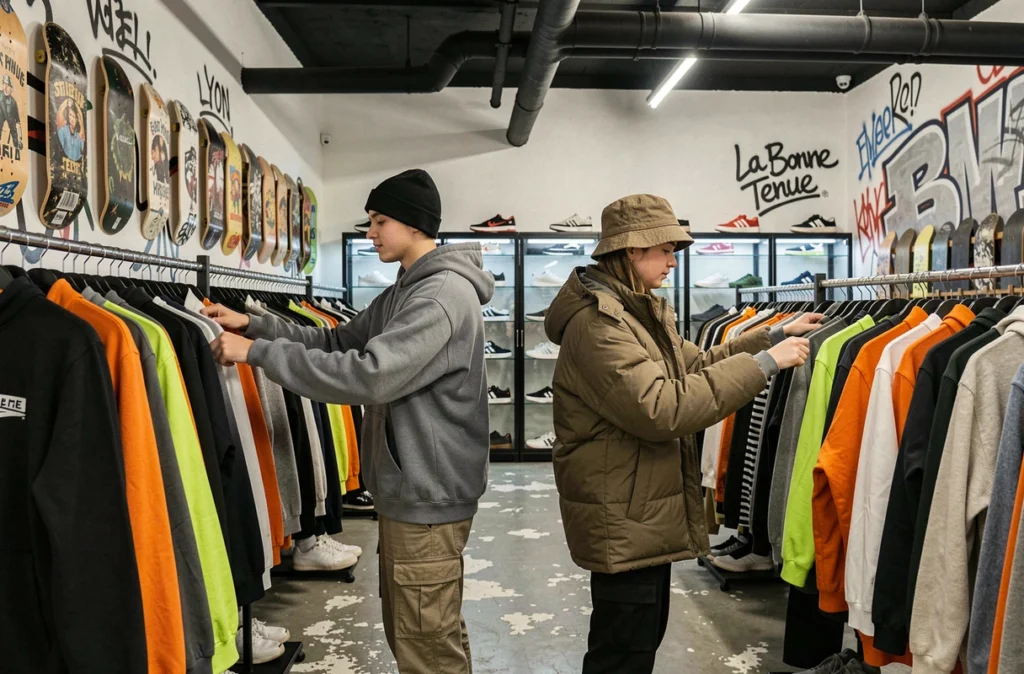 Deux jeunes clients fouillent des portants de streetwear vintage à La Bonne Tenue à Lyon, dans un espace orné de fresques graffiti et de décorations urbaines.