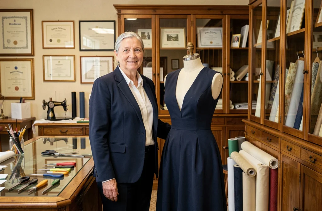 Marie Jo Couture, couturière expérimentée à Gerzat, présentant une robe sur mesure achevée dans son atelier professionnel