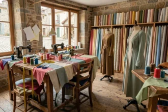 Atelier de couturière en Auvergne-Rhône-Alpes avec machines à coudre, tissus colorés et mannequins de couture