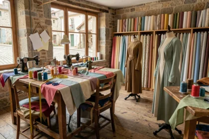 Atelier de couturière en Auvergne-Rhône-Alpes avec machines à coudre, tissus colorés et mannequins de couture