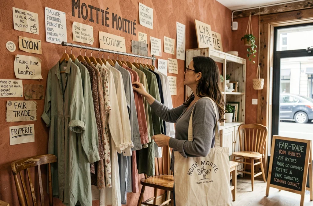 À l'intérieur de Moitié Moitié, une friperie engagée de Lyon, une femme observe des vêtements vintage éthiques accrochés sur un mur orné de slogans écologiques manuscrits.