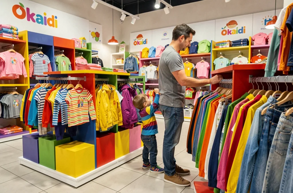 Intérieur du magasin Okaïdi Orléans avec des vêtements enfants du quotidien en couleurs vives, un père et son tout-petit parcourant les rayons
