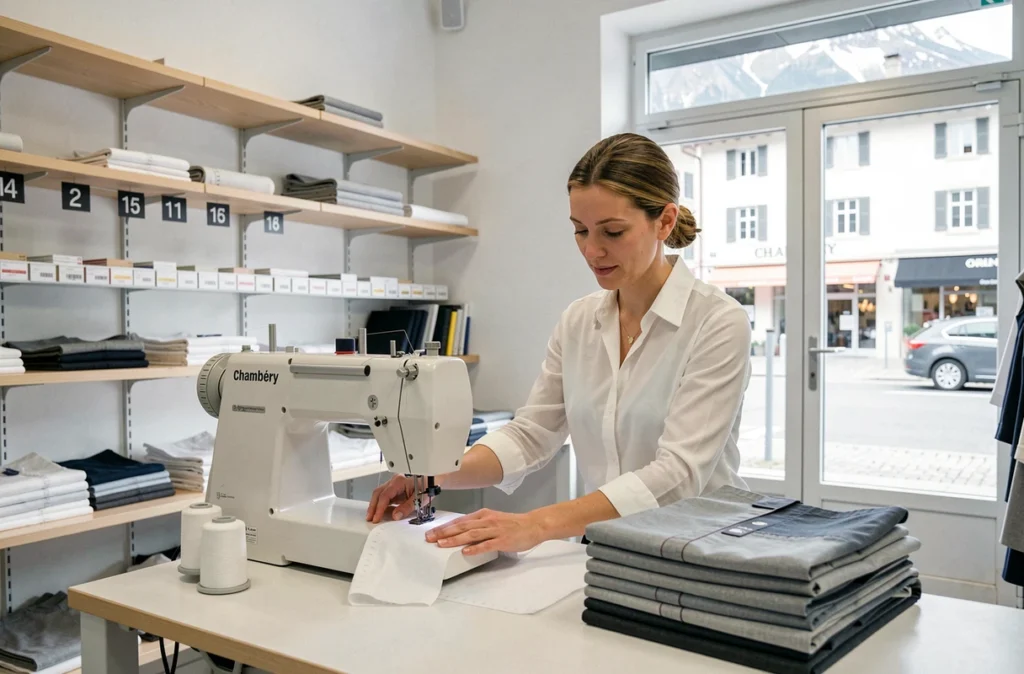 Couturière de Retouches Express à Chambéry travaillant rapidement sur une machine à coudre industrielle dans son atelier organisé