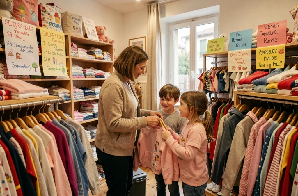 Boutique solidaire du Secours Populaire en Centre-Val de Loire avec une bénévole aidant une famille à choisir des vêtements enfants sur des portants bien organisés