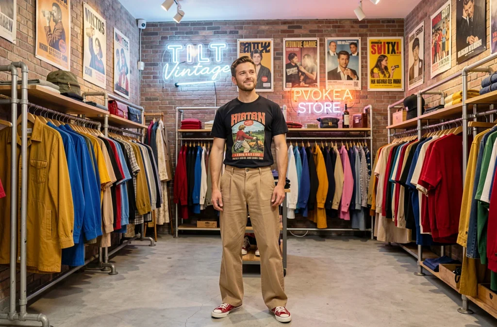 Intérieur coloré de Tilt Vintage Store à Lyon, un homme en tenue rétro pose décontracté devant des portants de vêtements vintage organisés par couleur sur fond de briques apparentes.