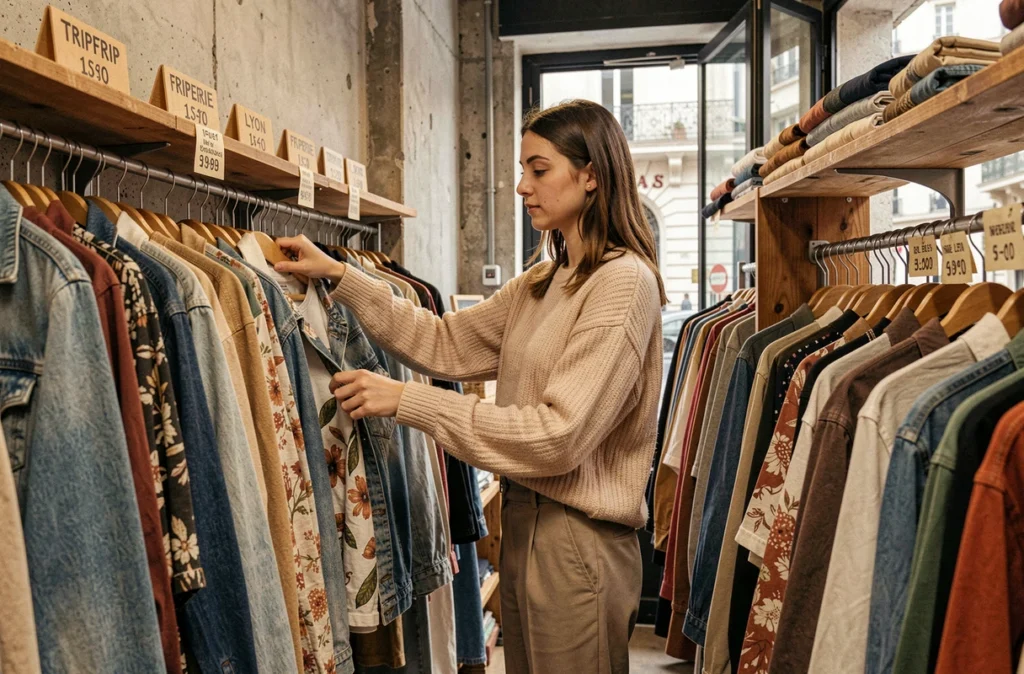 Intérieur de la friperie Tripfrip dans le 7e arrondissement de Lyon, une jeune femme fouille des portants de vêtements vintage denses dans un espace aux murs en béton brut.