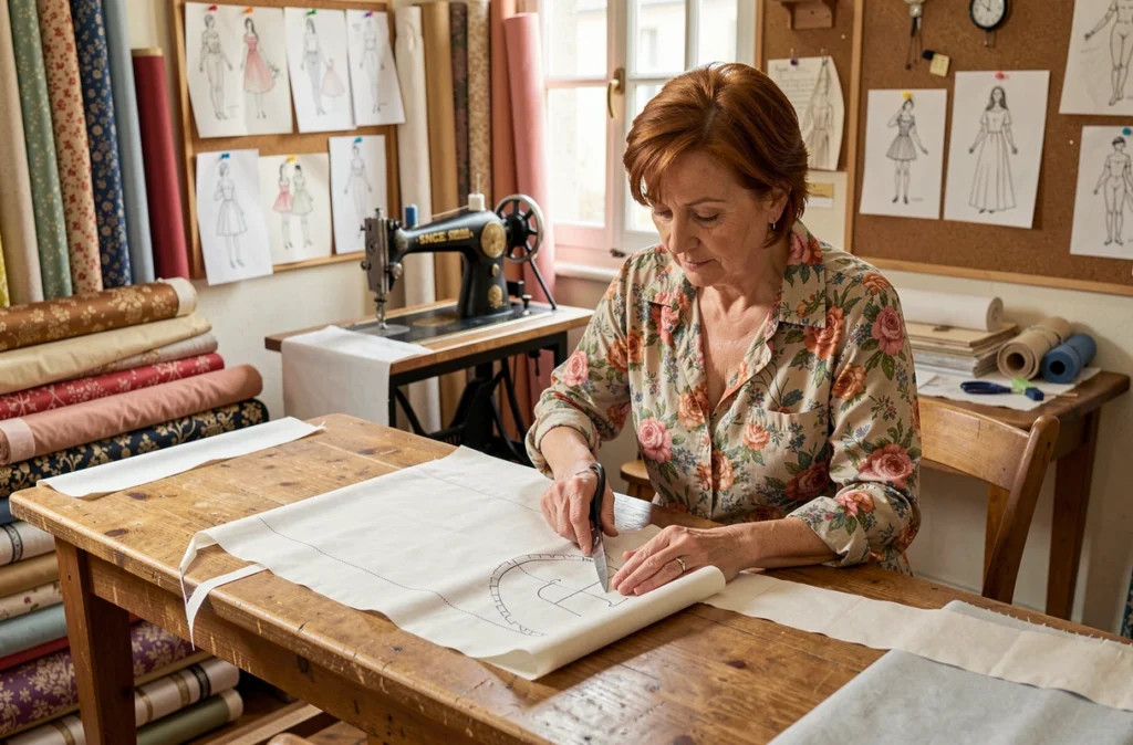Véronique Perroux, couturière sur mesure à Viriat, découpant un patron sur une grande table de travail en bois