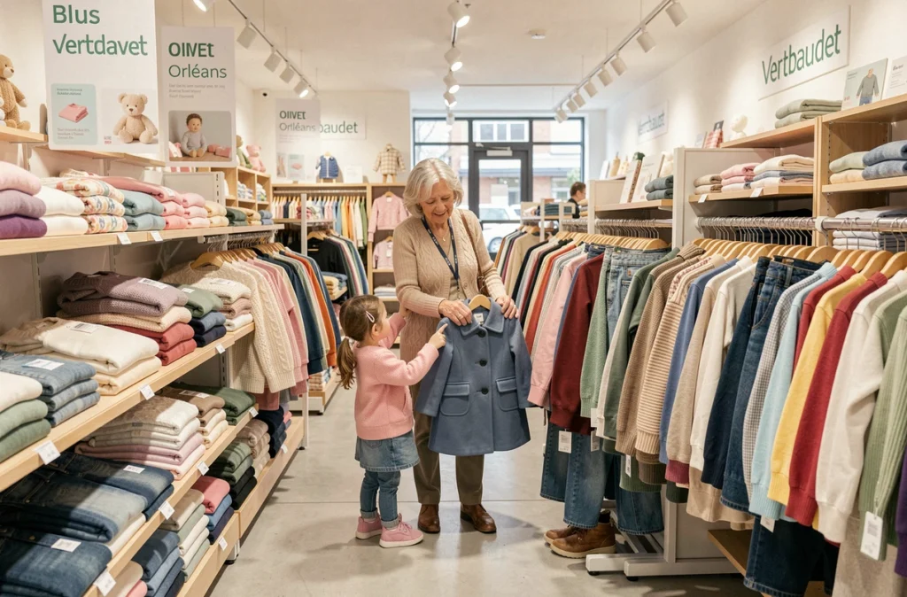 Intérieur de Vertbaudet Olivet avec une grand-mère et une petite fille choisissant un manteau parmi les rayons de vêtements enfants organisés par section