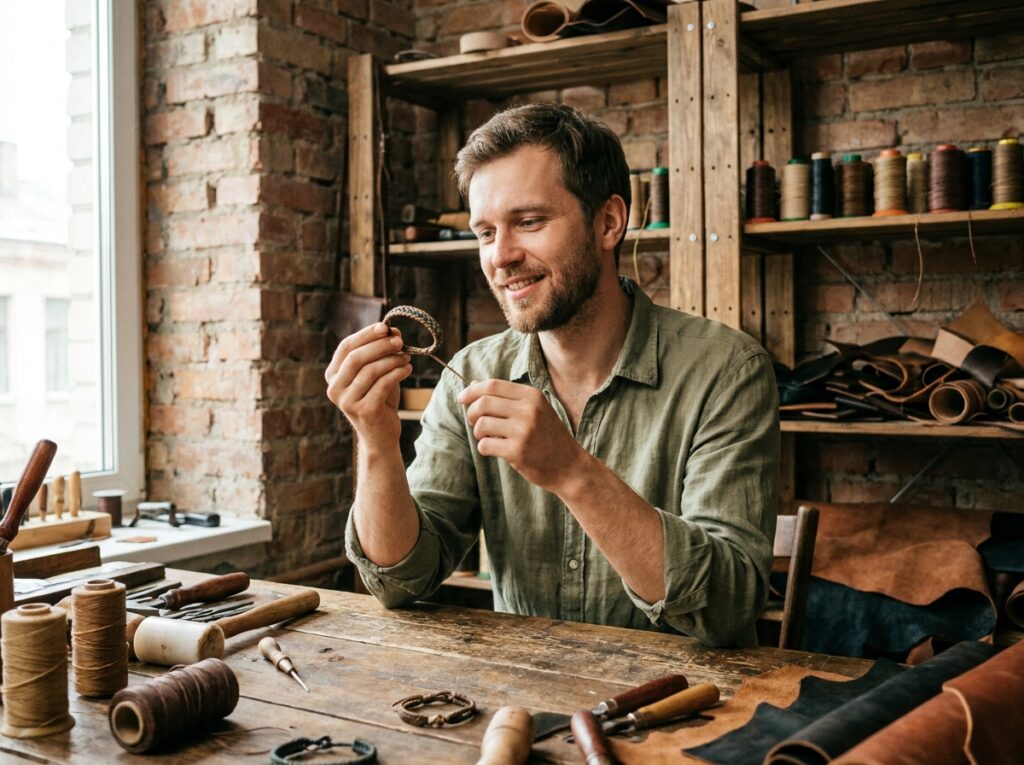 Homme dans un atelier artisanal tenant un bracelet cordon fait main entre ses doigts