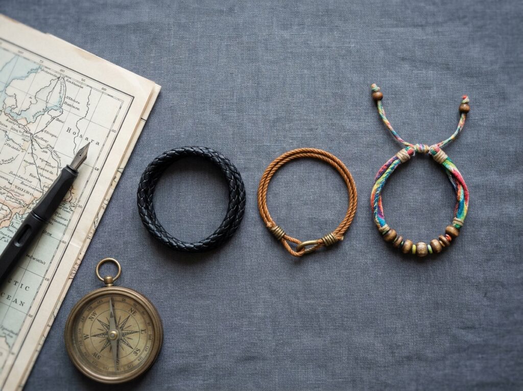 Flat lay de plusieurs bracelets cordon homme sur lin gris avec accessoires de voyage