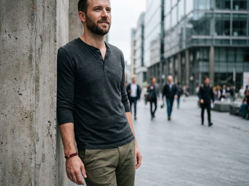 Homme en ville portant un bracelet cordon bordeaux avec perle dorée contre un mur en béton