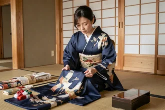 Femme japonaise en tenue traditionnelle pliant un kimono en soie indigo sur un sol en tatami dans une maison japonaise ancienne