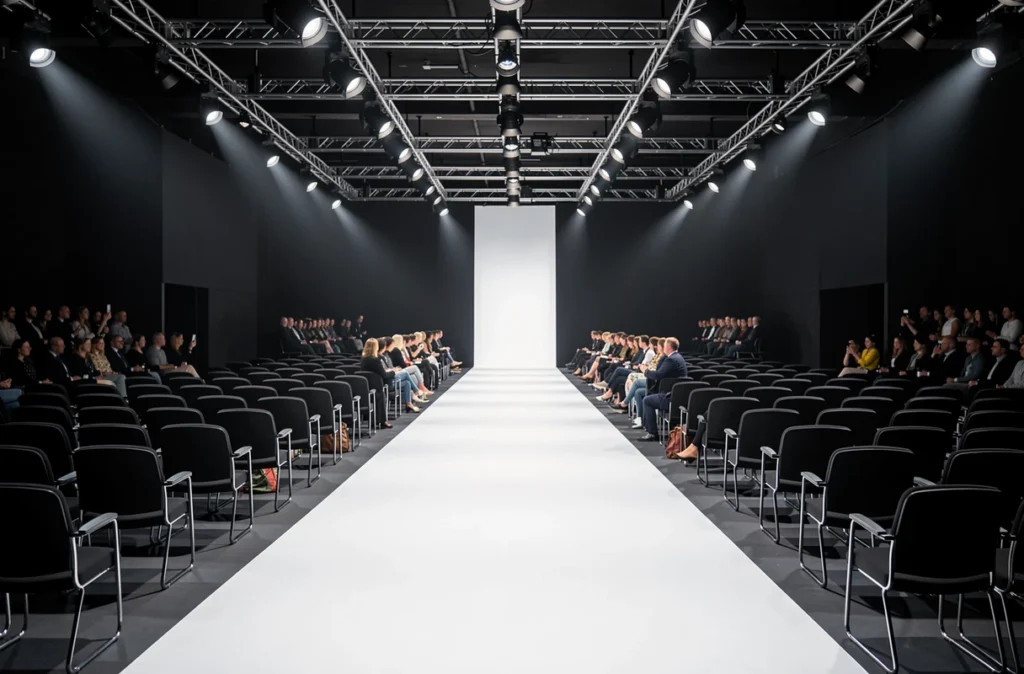 Podium de défilé vu depuis le premier rang pendant une fashion week