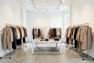 Portants de vêtements dans un showroom de mode avant une présentation de collection