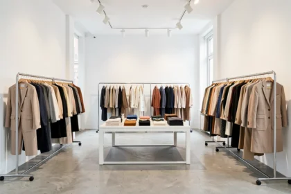 Portants de vêtements dans un showroom de mode avant une présentation de collection
