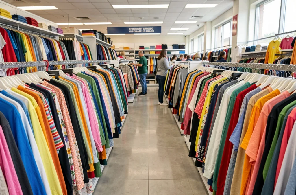 Rayon de vêtements bon marché renouvelé en continu dans un magasin