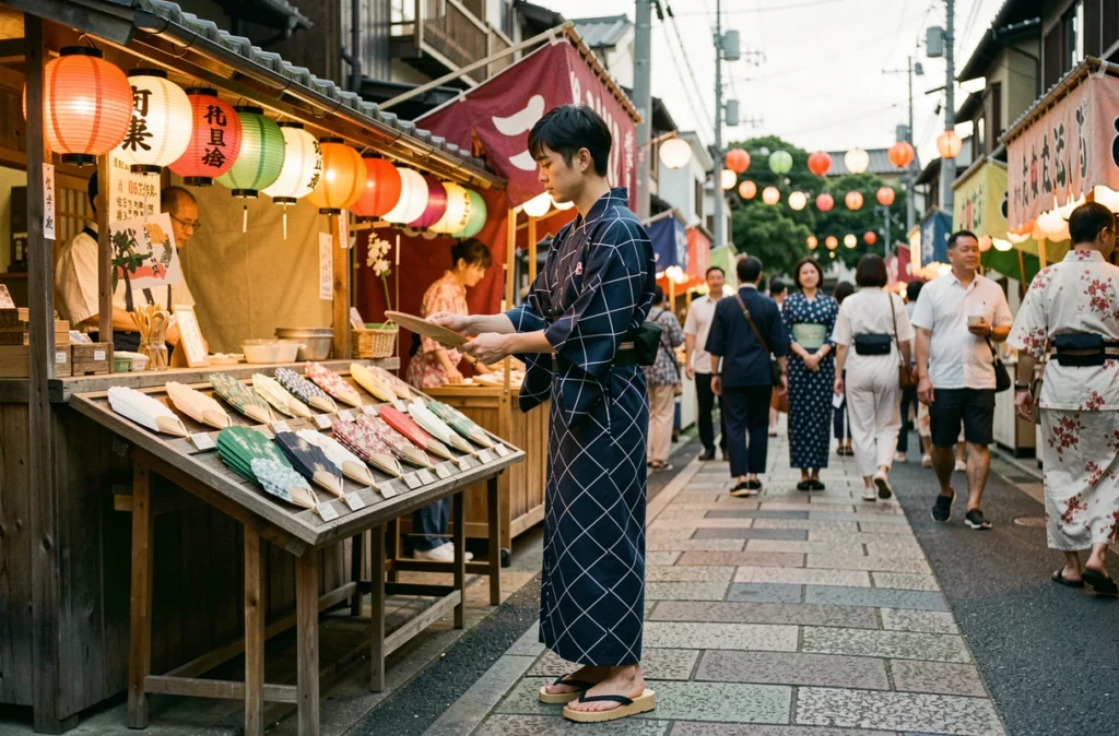 Jeune homme en yukata bleu marine lors d'un festival estival japonais dans une rue de Tokyo avec des lampions et des stands artisanaux